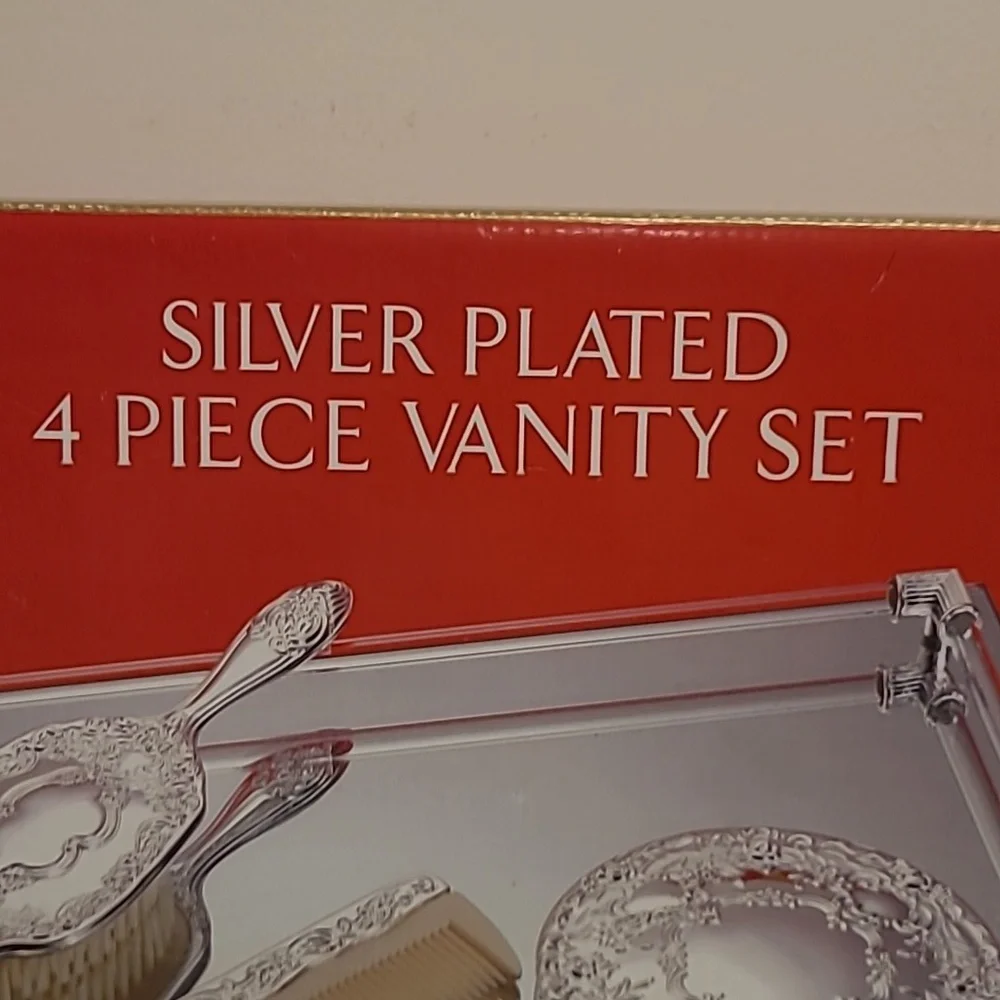 NIB Vintage 4 Piece Silver Plated Vanity Set in Original Box